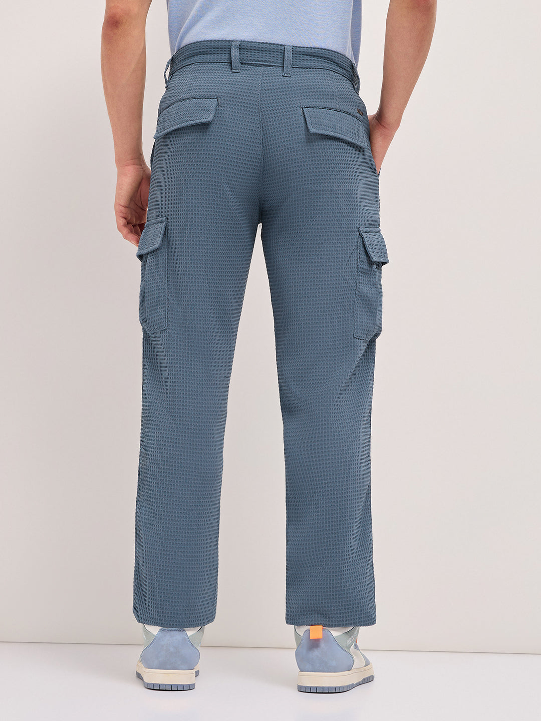 blue textured waffle weave straight fit cargo pants with flap pockets blue textured waffle weave straight fit cargo pants with flap pockets