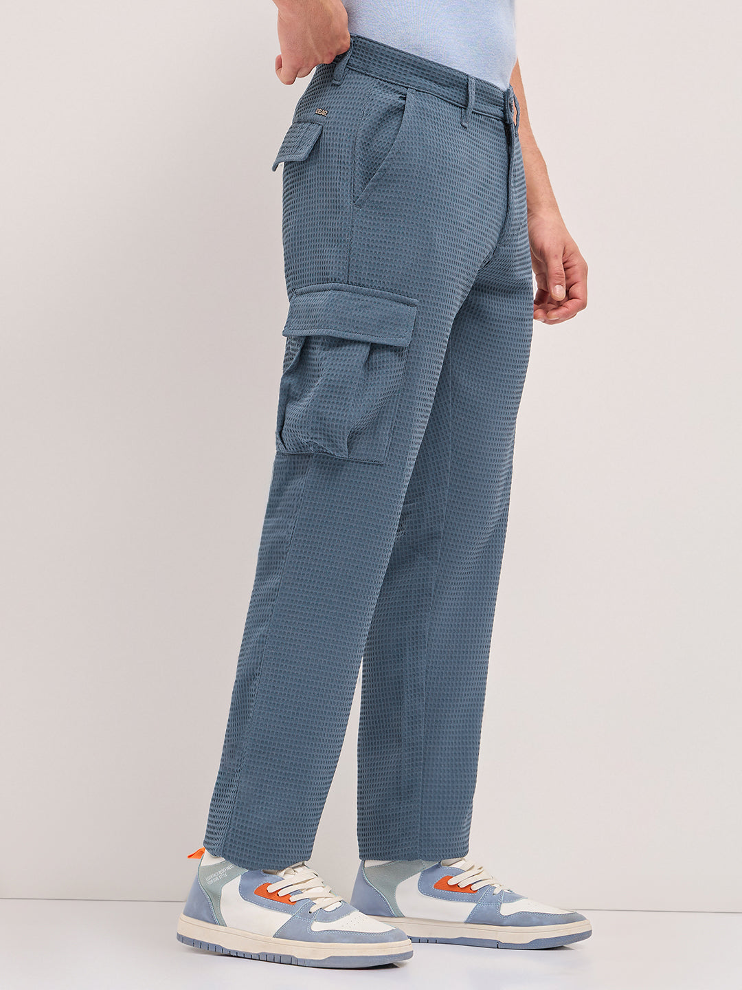 blue textured waffle weave straight fit cargo pants with flap pockets blue textured waffle weave straight fit cargo pants with flap pockets