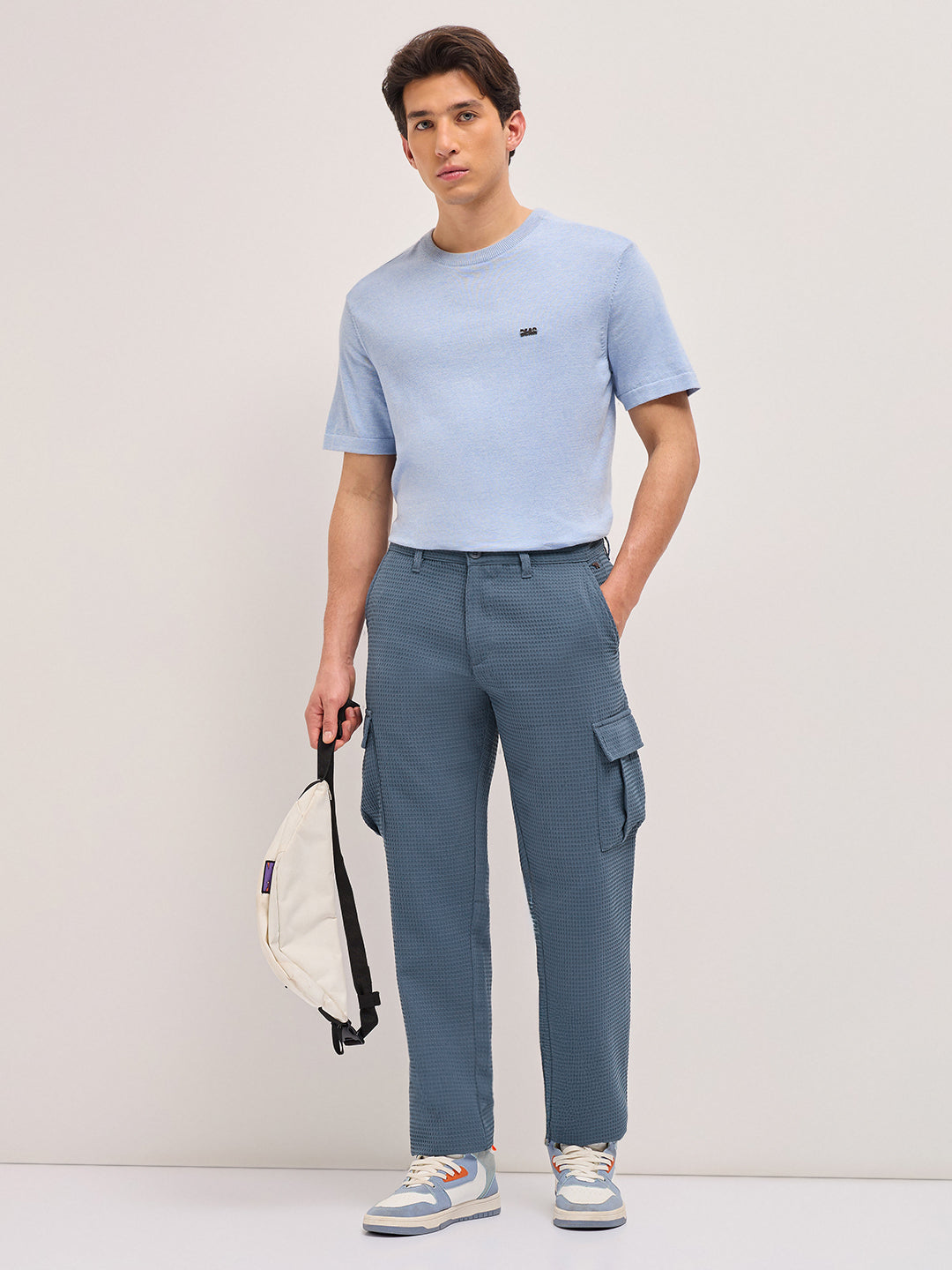 blue textured waffle weave straight fit cargo pants with flap pockets blue textured waffle weave straight fit cargo pants with flap pockets