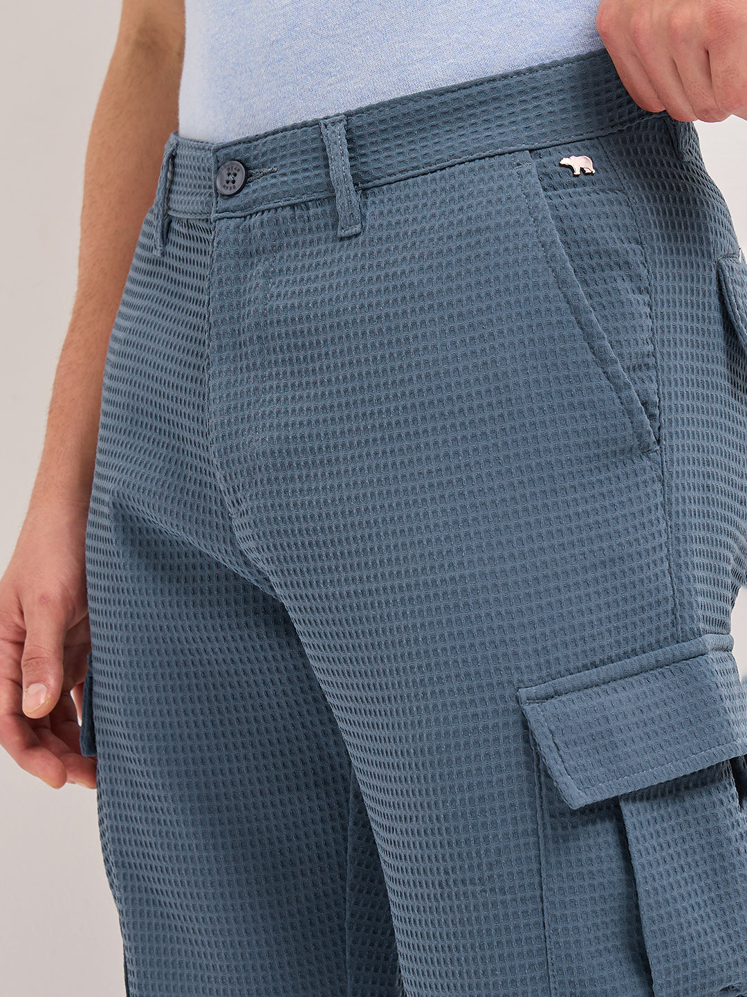 blue textured waffle weave straight fit cargo pants with flap pockets blue textured waffle weave straight fit cargo pants with flap pockets