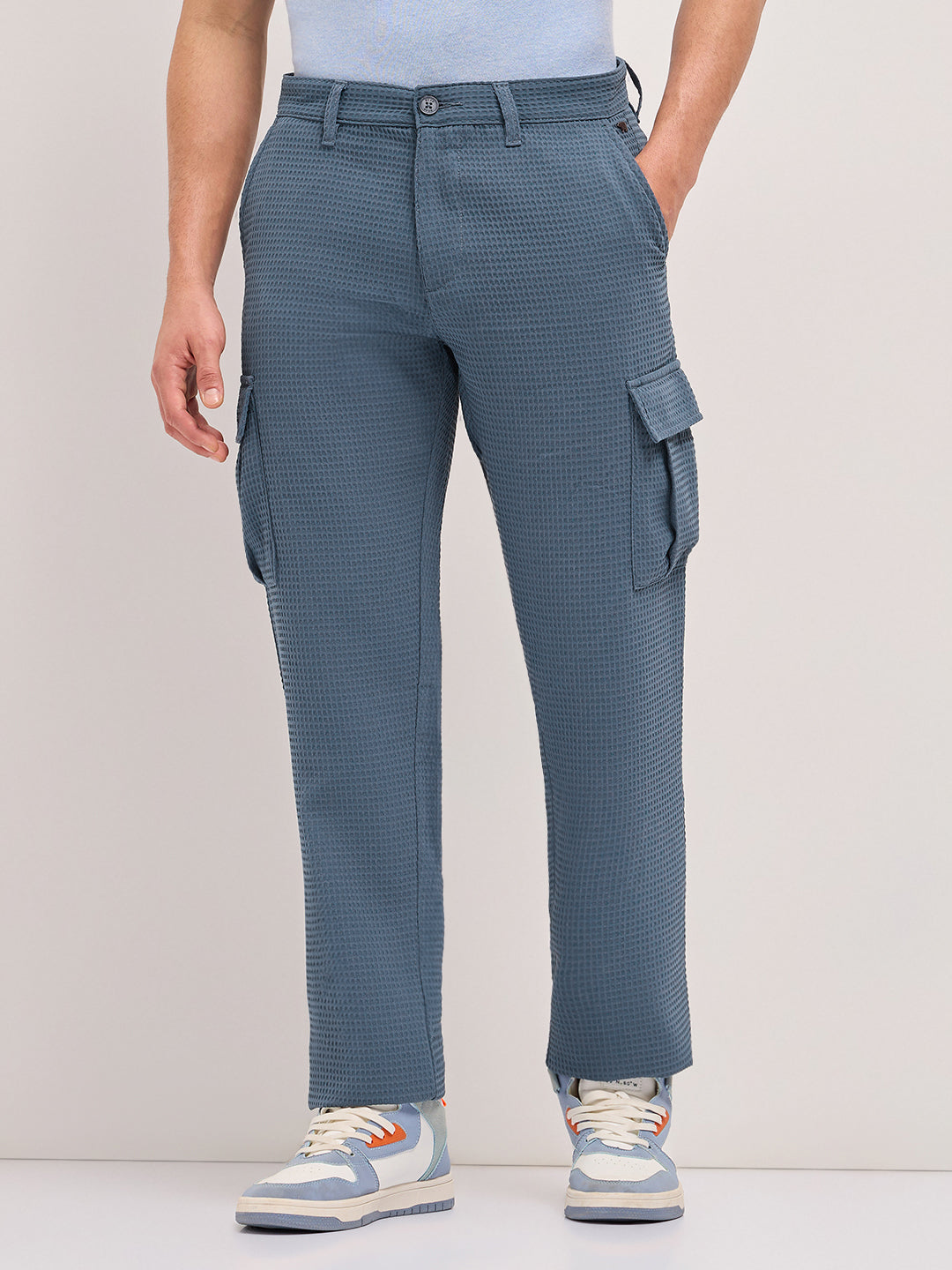blue textured waffle weave straight fit cargo pants with flap pockets blue textured waffle weave straight fit cargo pants with flap pockets