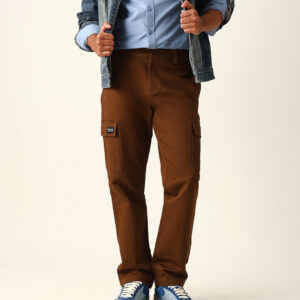 brown solid straight fit cargo trousers with flap pockets