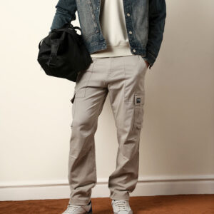 light grey solid relaxed fit cargo trousers with utility pockets