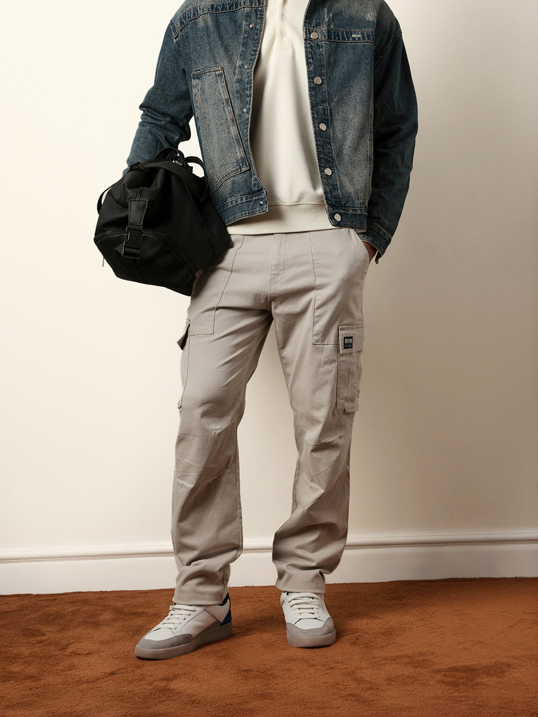 light grey solid relaxed fit cargo trousers with utility pockets light grey solid relaxed fit cargo trousers with utility pockets