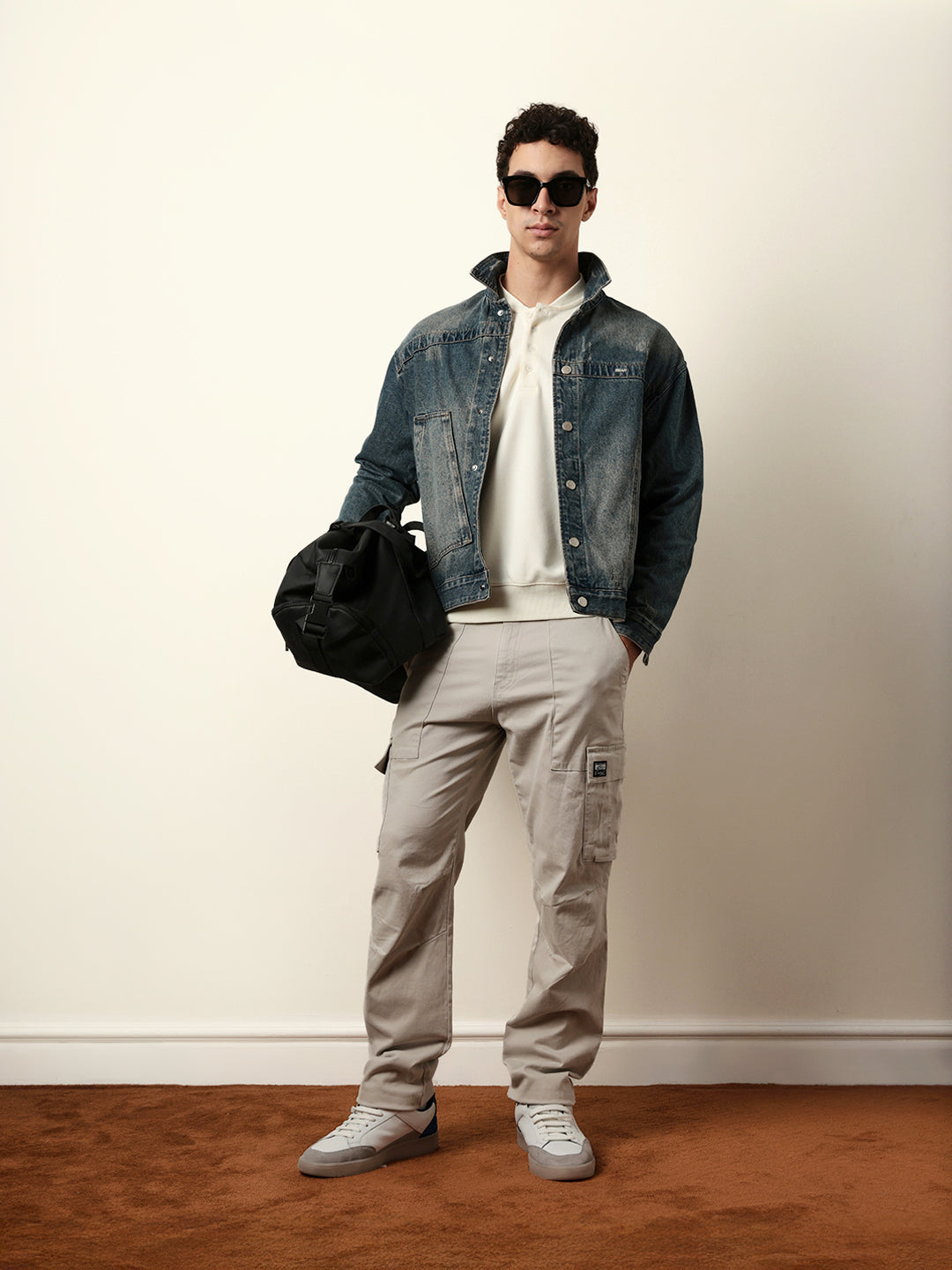light grey solid relaxed fit cargo trousers with utility pockets light grey solid relaxed fit cargo trousers with utility pockets