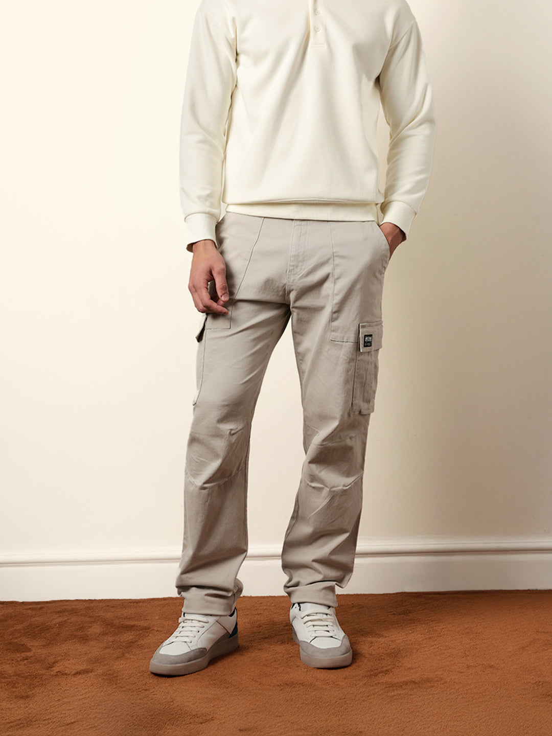 light grey solid relaxed fit cargo trousers with utility pockets light grey solid relaxed fit cargo trousers with utility pockets