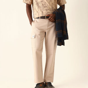 cream solid straight fit cargo trousers with flap pockets