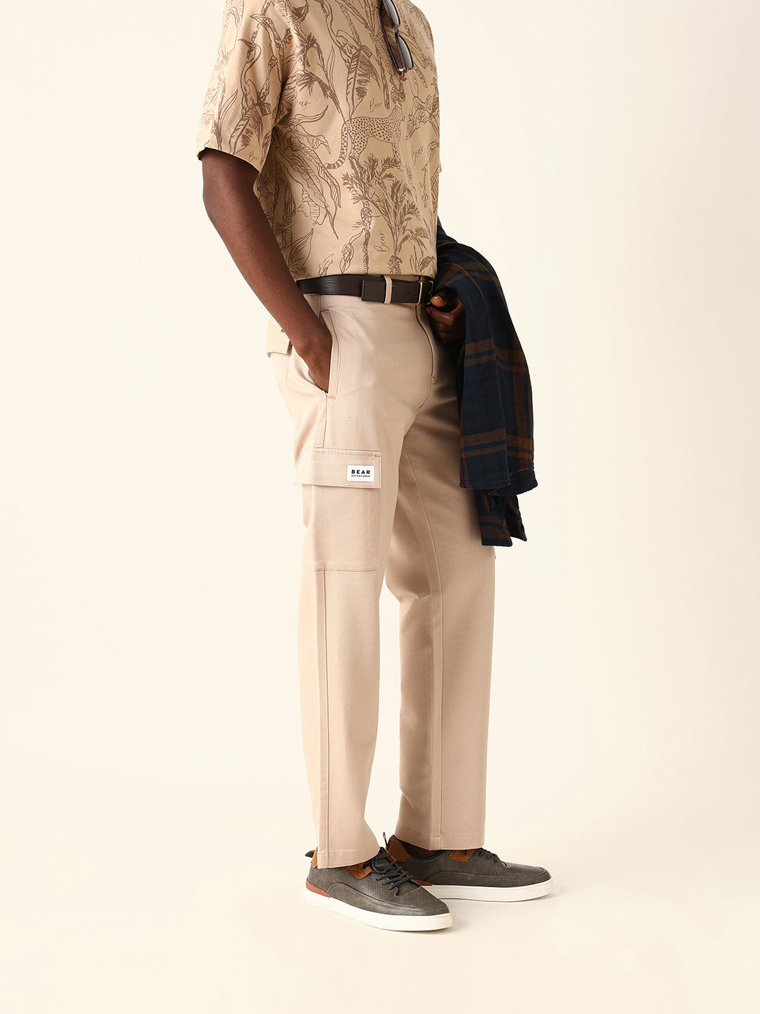 cream solid straight fit cargo trousers with flap pockets cream solid straight fit cargo trousers with flap pockets