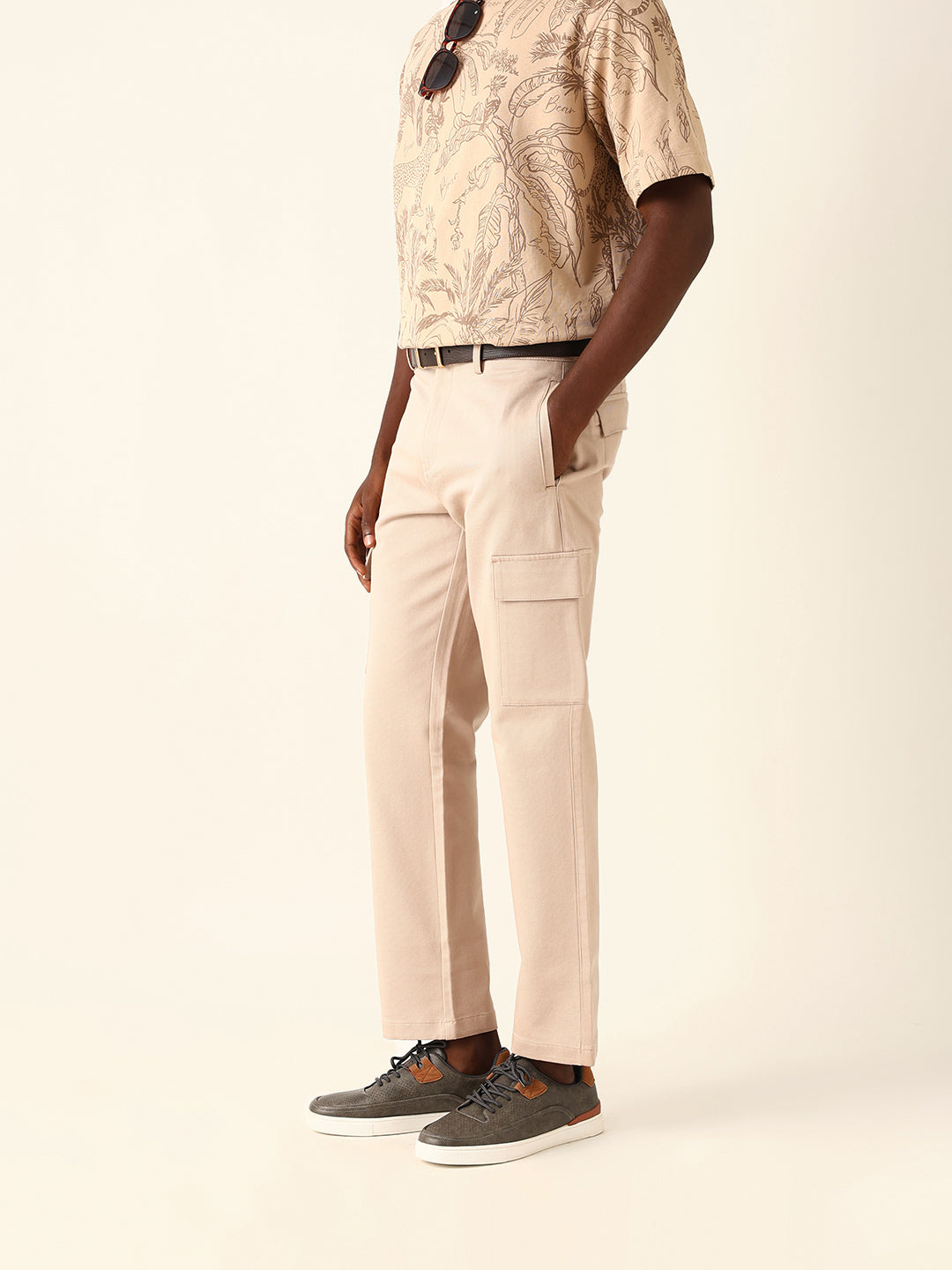 cream solid straight fit cargo trousers with flap pockets cream solid straight fit cargo trousers with flap pockets