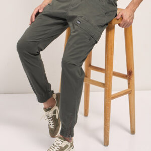 olive cotton relaxed fit cargo pants with elastic waist and utility pockets