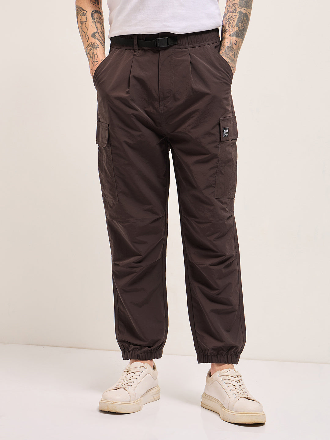 brown nylon relaxed fit cargo pants with utility pockets brown nylon relaxed fit cargo pants with utility pockets