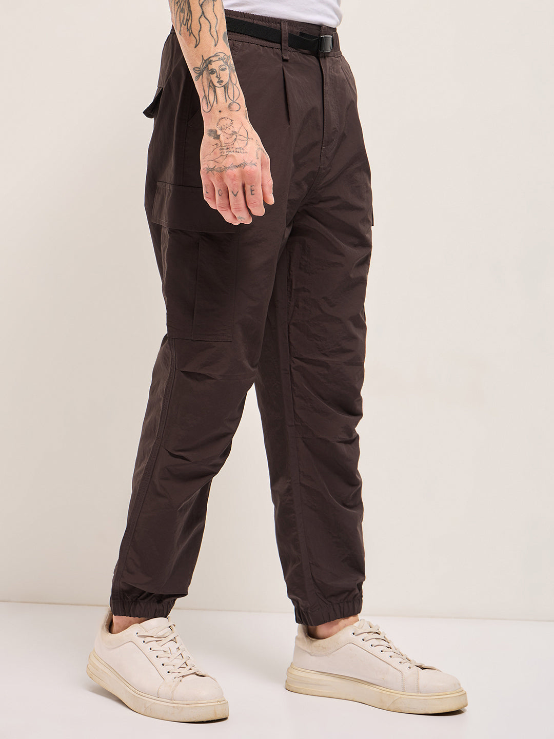 brown nylon relaxed fit cargo pants with utility pockets brown nylon relaxed fit cargo pants with utility pockets