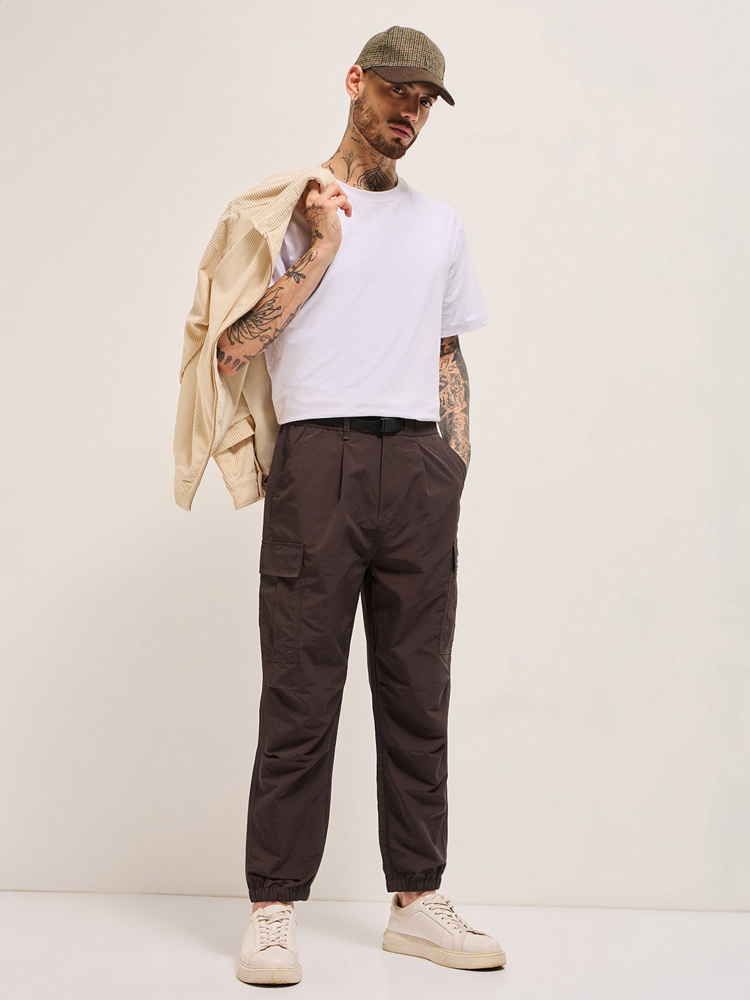 brown nylon relaxed fit cargo pants with utility pockets brown nylon relaxed fit cargo pants with utility pockets