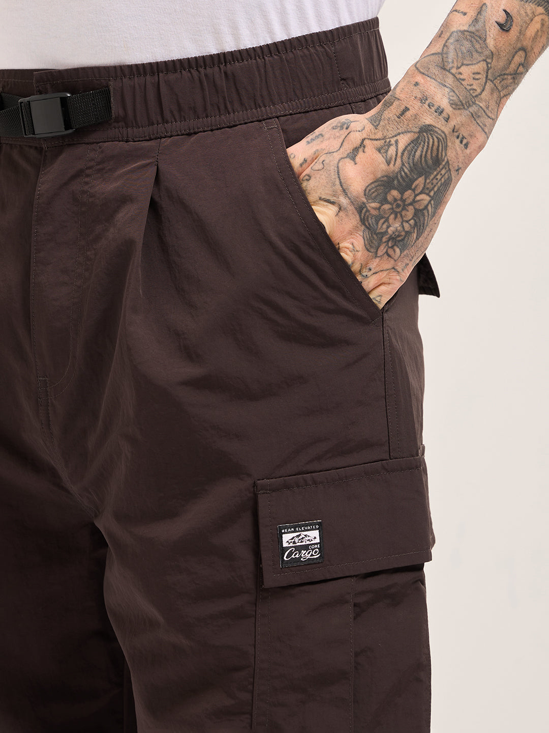 brown nylon relaxed fit cargo pants with utility pockets brown nylon relaxed fit cargo pants with utility pockets