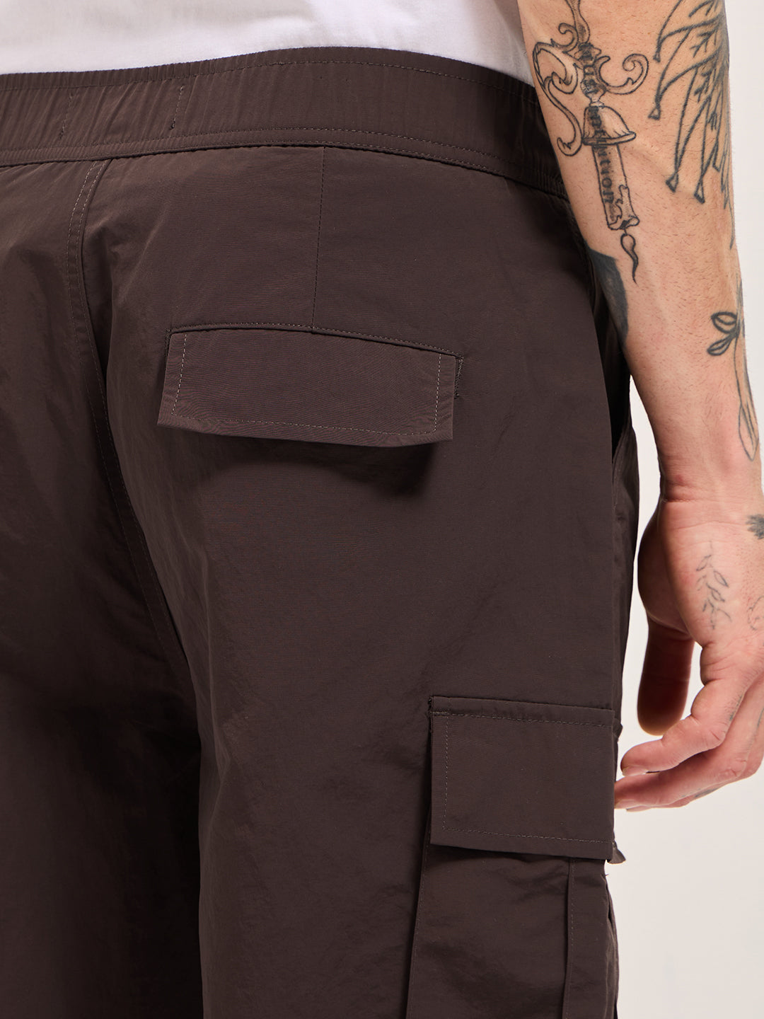 brown nylon relaxed fit cargo pants with utility pockets brown nylon relaxed fit cargo pants with utility pockets