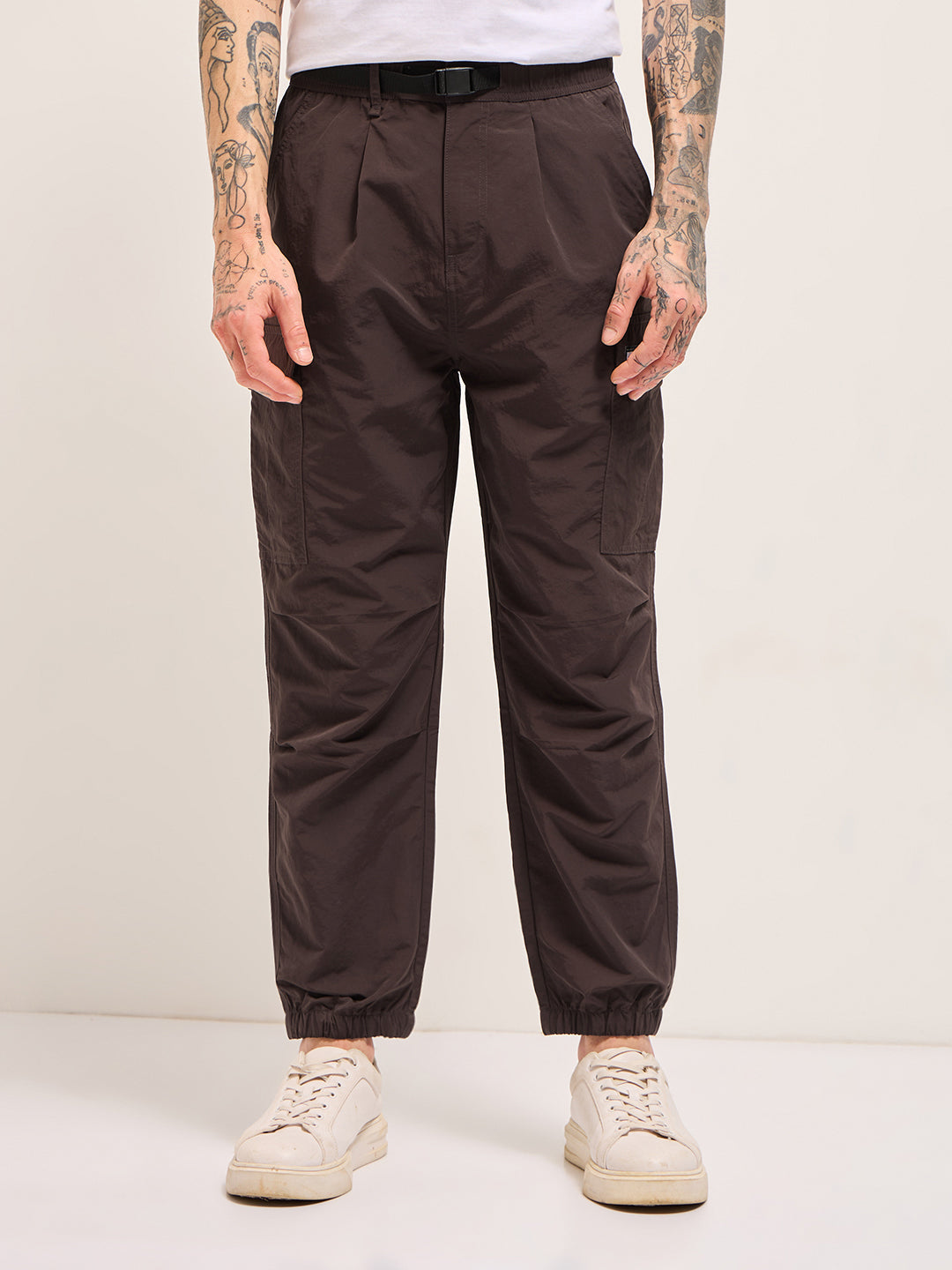 brown nylon relaxed fit cargo pants with utility pockets brown nylon relaxed fit cargo pants with utility pockets