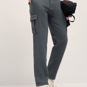 grey textured waffle weave straight fit cargo pants with flap pockets
