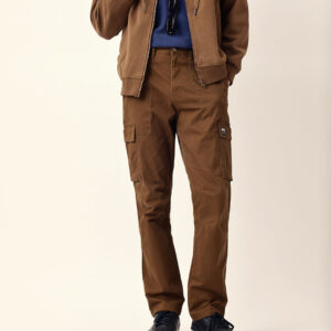brown solid relaxed fit cargo trousers with utility pockets