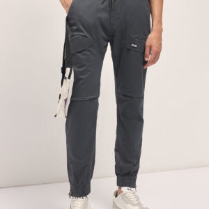 grey cotton relaxed fit cargo pants with elastic waist and utility pockets
