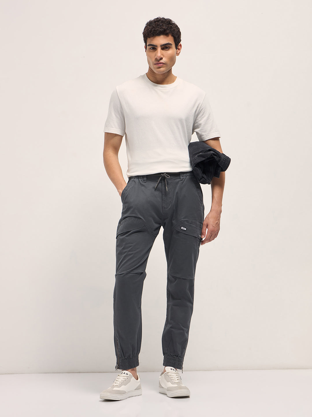 grey cotton relaxed fit cargo pants with elastic waist and utility pockets grey cotton relaxed fit cargo pants with elastic waist and utility pockets