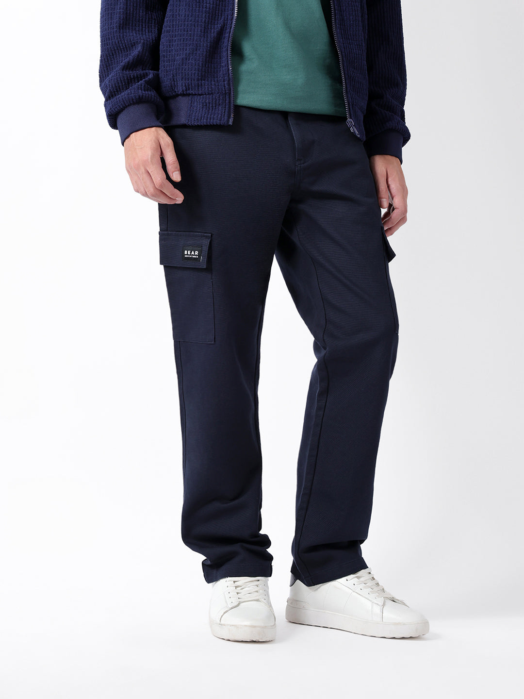 navy solid straight fit cargo trousers with flap pockets navy solid straight fit cargo trousers with flap pockets