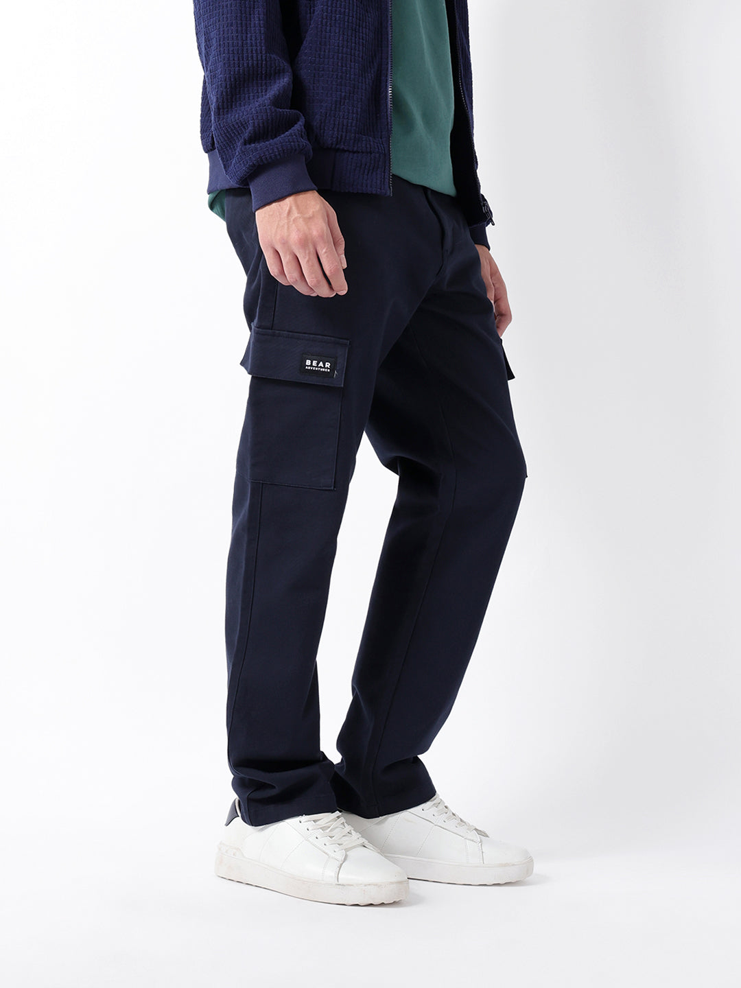 navy solid straight fit cargo trousers with flap pockets navy solid straight fit cargo trousers with flap pockets