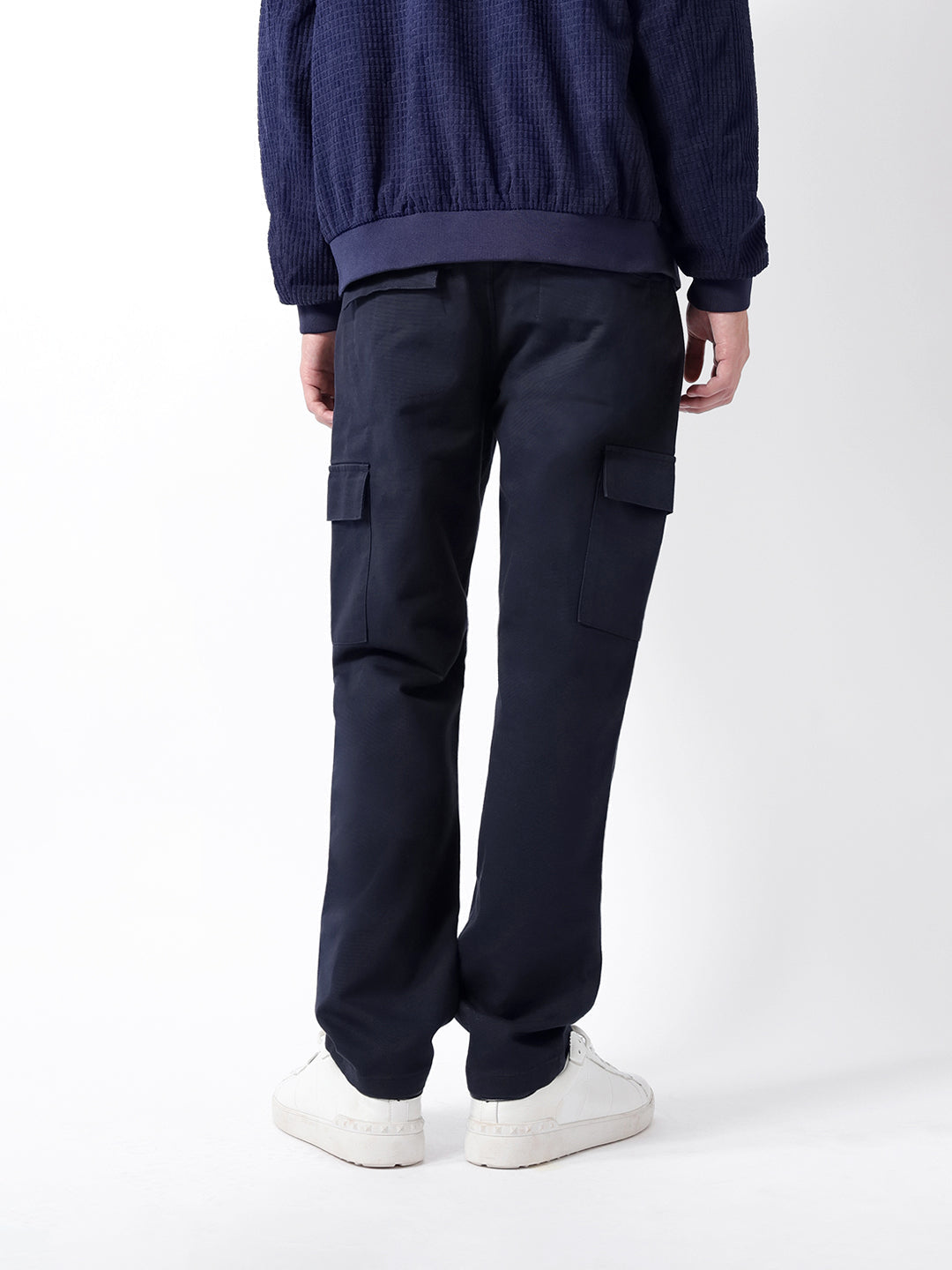 navy solid straight fit cargo trousers with flap pockets navy solid straight fit cargo trousers with flap pockets