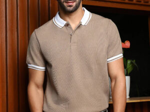 beige textured polo t shirt with contrast collar