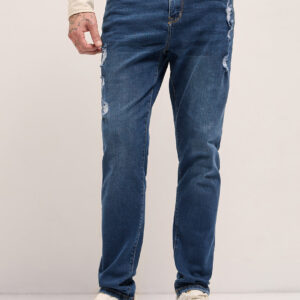 mid blue with light fade distressed mid rise slim fit jeans
