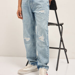 light blue with light fade distressed mid rise straight fit jeans