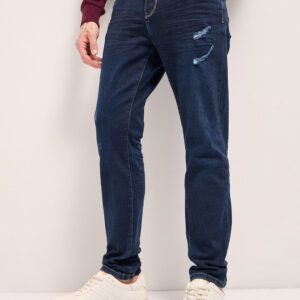 dark blue distressing and rip mid rise slim fit jeans