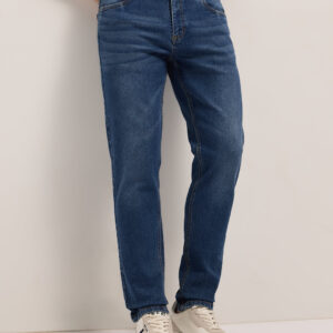 mid blue mid rise slim fit jeans with light fade