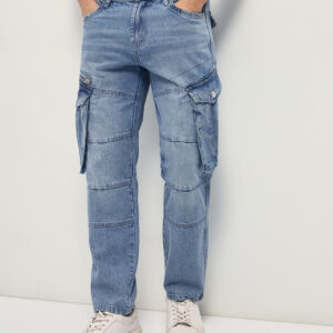 light blue mid rise straight fit cargo jeans with utility pockets