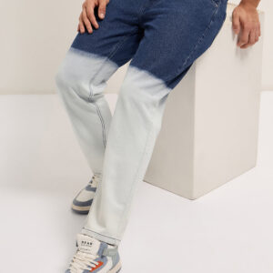 mid blue mid rise straight fit jeans with heavy gradient fade