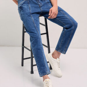 mid blue mid rise elasticated waist relaxed fit jeans