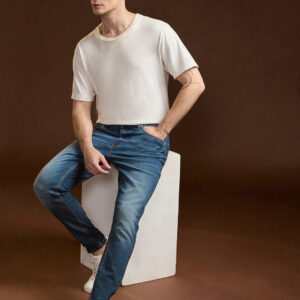 mid blue with mid fade mid rise slim fit jeans