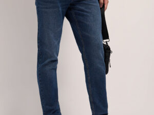 mid blue mid rise slim fit jeans with light fade