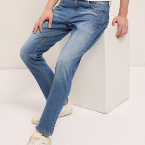mid blue mid rise slim fit jeans with mid fade