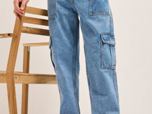 blue with mid fade mid rise elasticated waist baggy fit cargo jeans