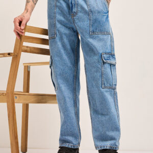 blue with mid fade mid rise elasticated waist baggy fit cargo jeans