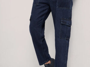 blue mid rise elasticated waist baggy fit cargo jeans