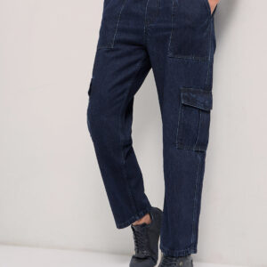 blue mid rise elasticated waist baggy fit cargo jeans
