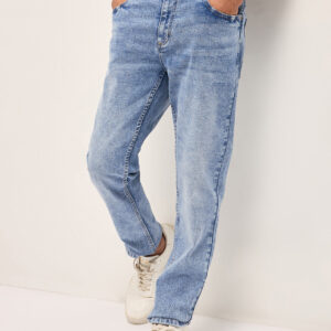 light blue mid rise slim fit jeans with mid fade