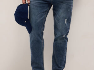 mid blue mid rise slim fit jeans with lightly distressed