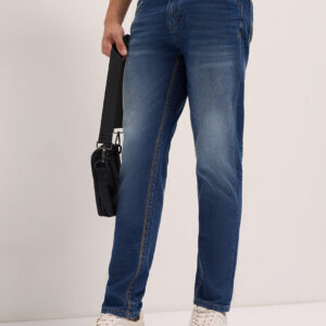mid blue mid rise slim fit jeans with mid fade