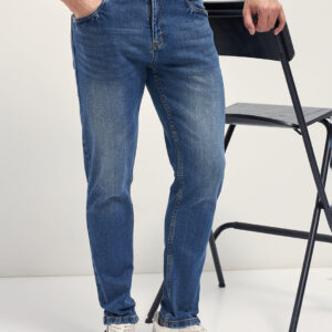 mid blue mid rise slim fit jeans with light fade