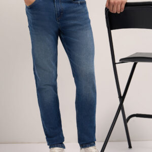 mid blue mid rise slim fit jeans with mid fade