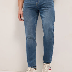 mid blue mid rise slim fit jeans with light fade