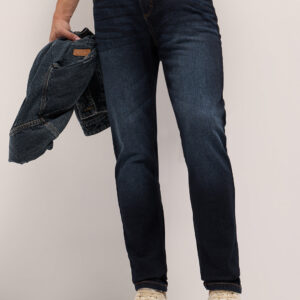 dark blue mid rise slim fit jeans with light fade