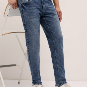 mid blue mid rise skinny fit jeans with light fade